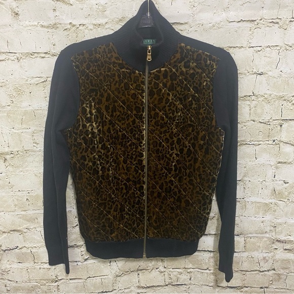 Ralph Lauren Sweaters - Lauren Ralph Lauren Black Brown Leopard Velvet Silk Blend Zip Up Sweater
